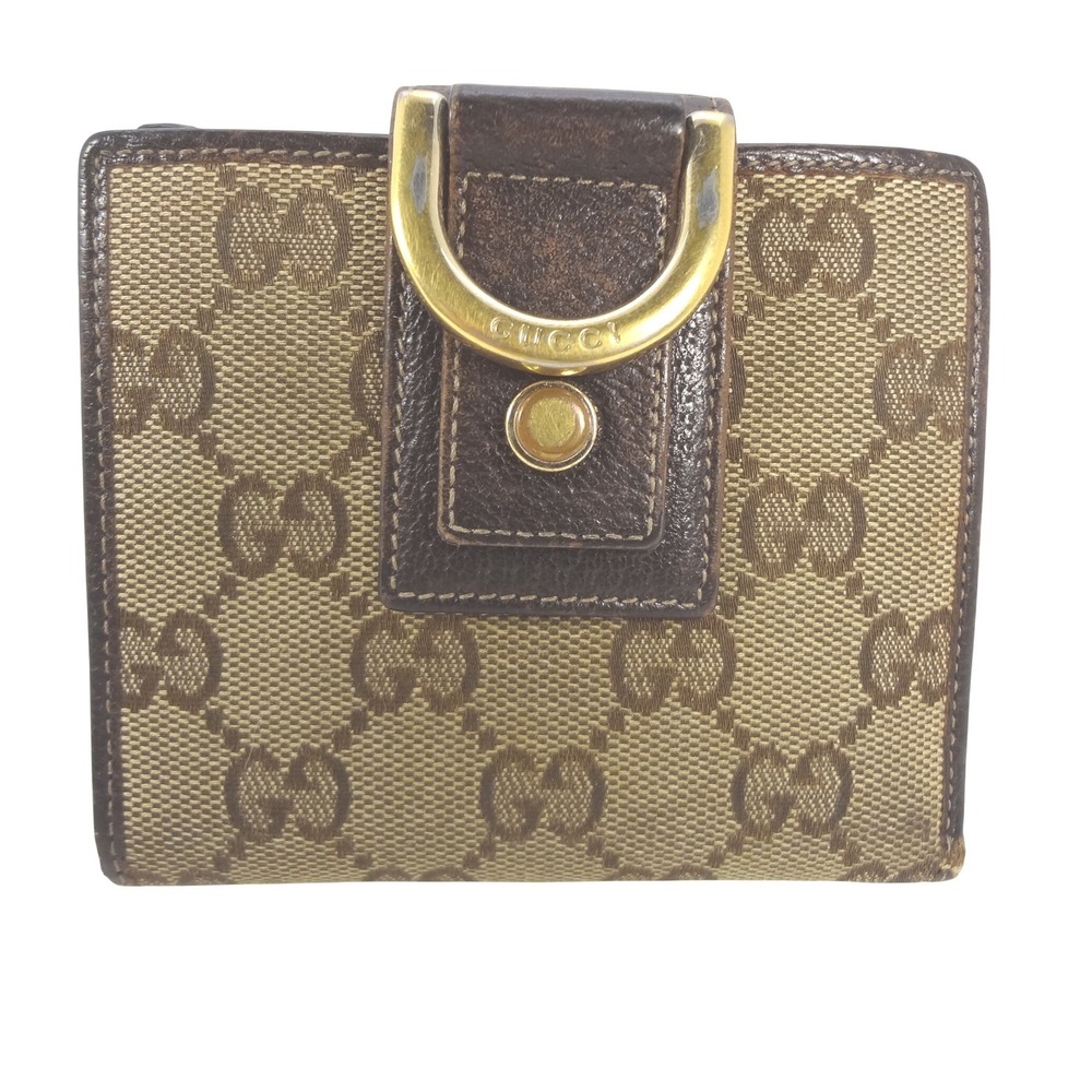 Gucci Abbey D-Ring Compact Monogram Canvas Leather Bifold Wallet Brown Gold - Picture 1 of 7